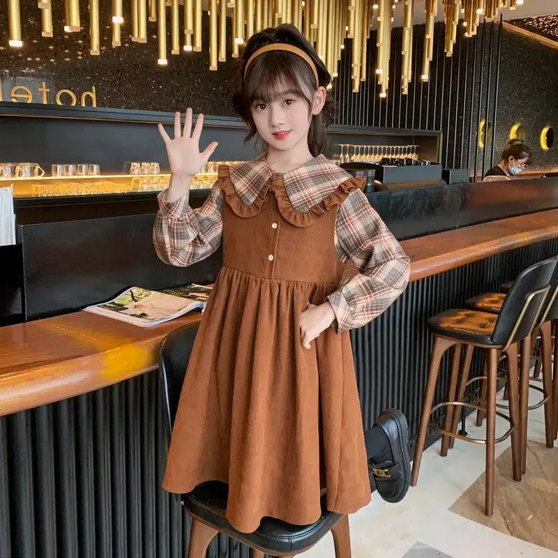 Girls College Style Fake Two-Piece Dress Brown Plaid Skirt