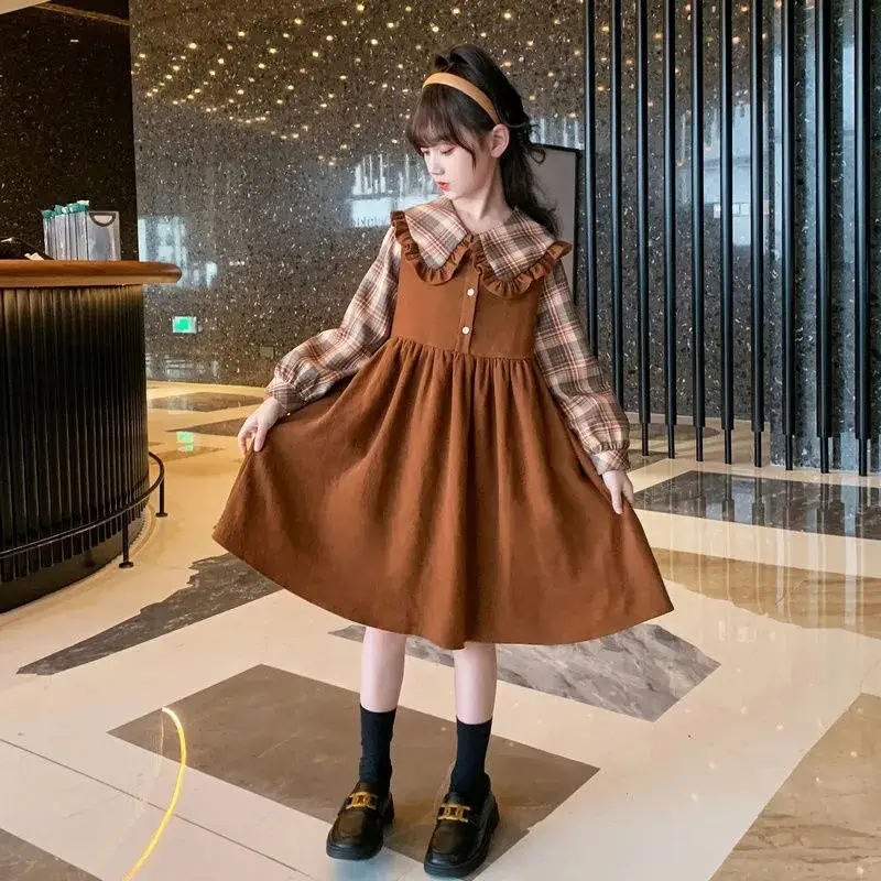 Girls College Style Fake Two-Piece Dress Brown Plaid Skirt