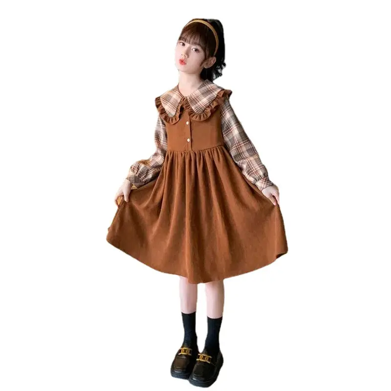 Girls College Style Fake Two-Piece Dress Brown Plaid Skirt