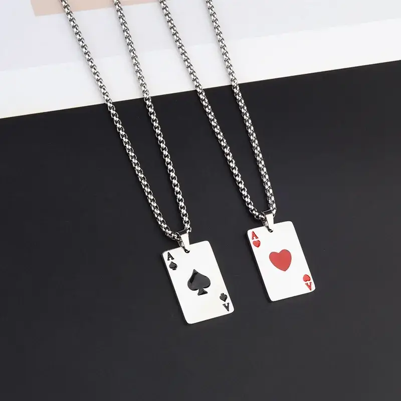 Men's Playing Cards Necklace Red Peach Chain