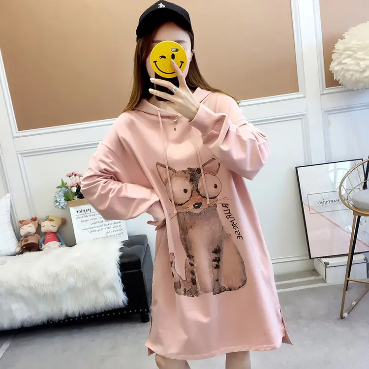 Maternity Long Sleeve Hoodie Blue Cat Print Plus Size - Image 7