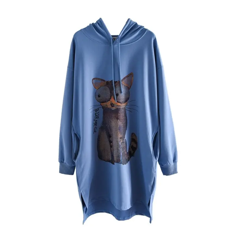 Maternity Long Sleeve Hoodie Blue Cat Print Plus Size - Image 9