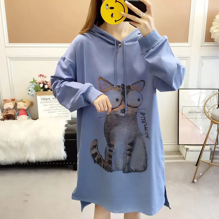 Maternity Long Sleeve Hoodie Blue Cat Print Plus Size - Image 2