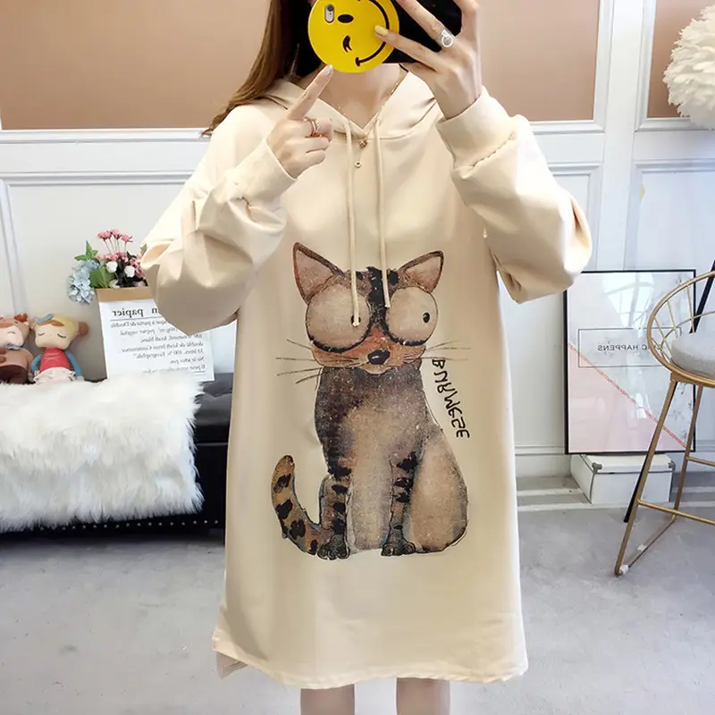 Maternity Long Sleeve Hoodie Blue Cat Print Plus Size - Image 3