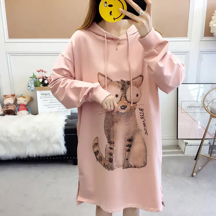 Maternity Long Sleeve Hoodie Blue Cat Print Plus Size - Image 4