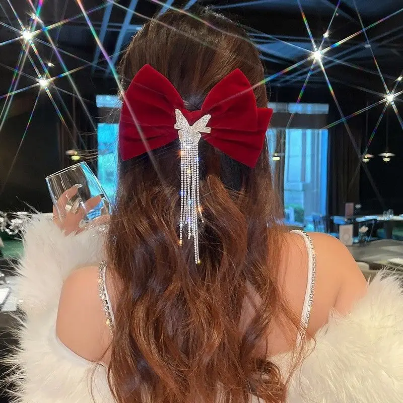 Red Bow Hairpin with Rhinestone Tassel for Women - Image 4