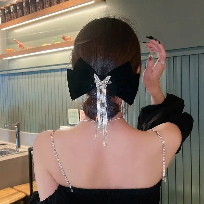 Red Bow Hairpin with Rhinestone Tassel for Women - Image 5