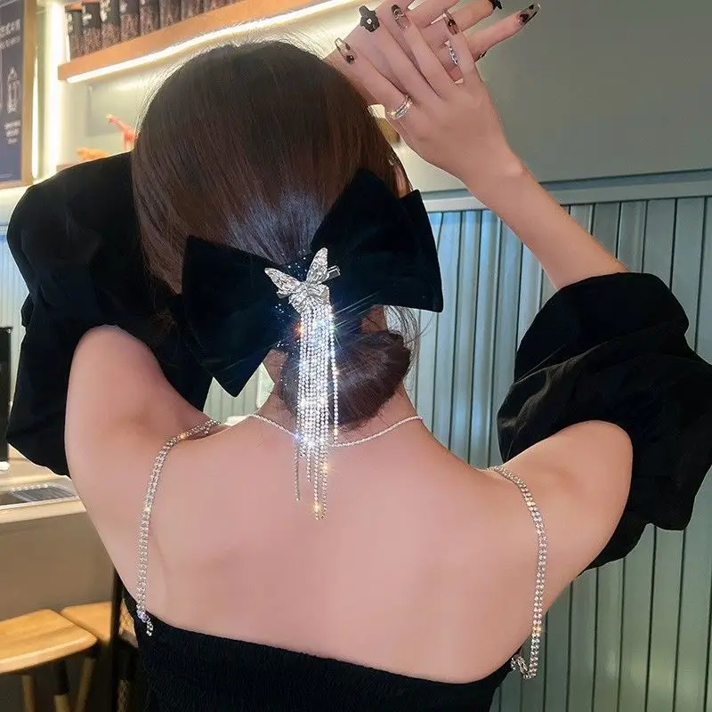 Red Bow Hairpin with Rhinestone Tassel for Women - Image 7