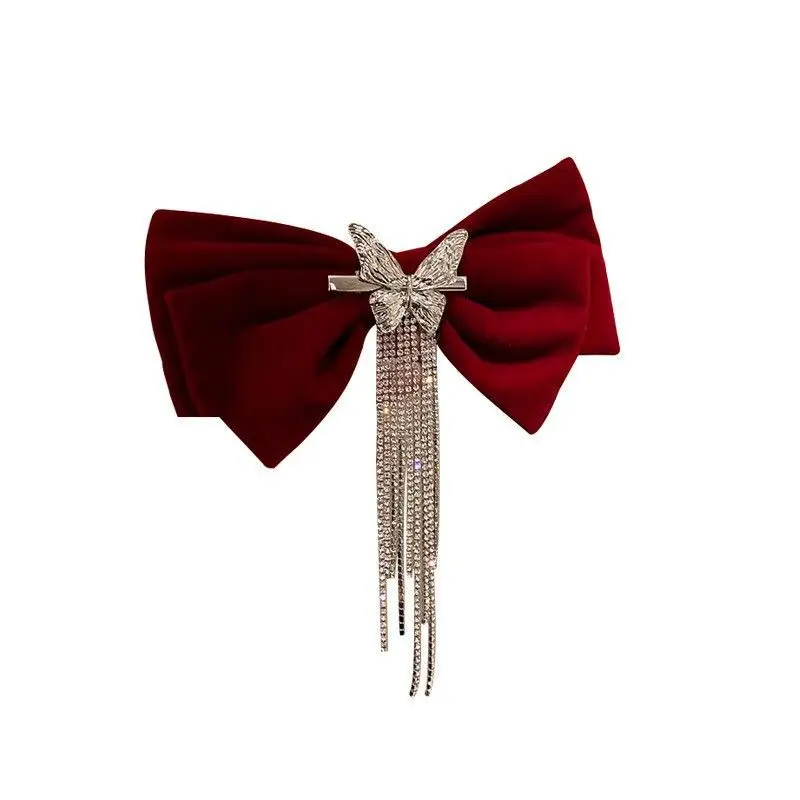 Red Bow Hairpin with Rhinestone Tassel for Women - Image 8