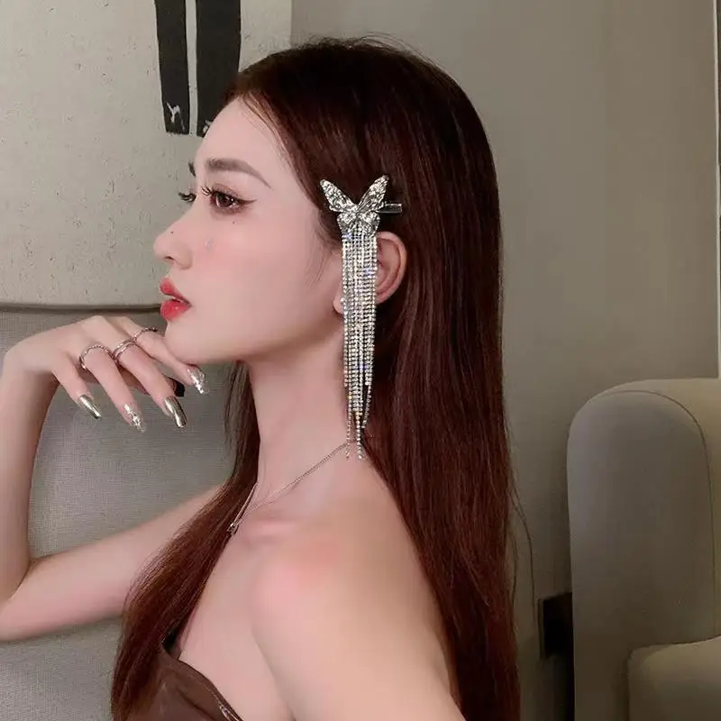 Red Bow Hairpin with Rhinestone Tassel for Women - Image 2