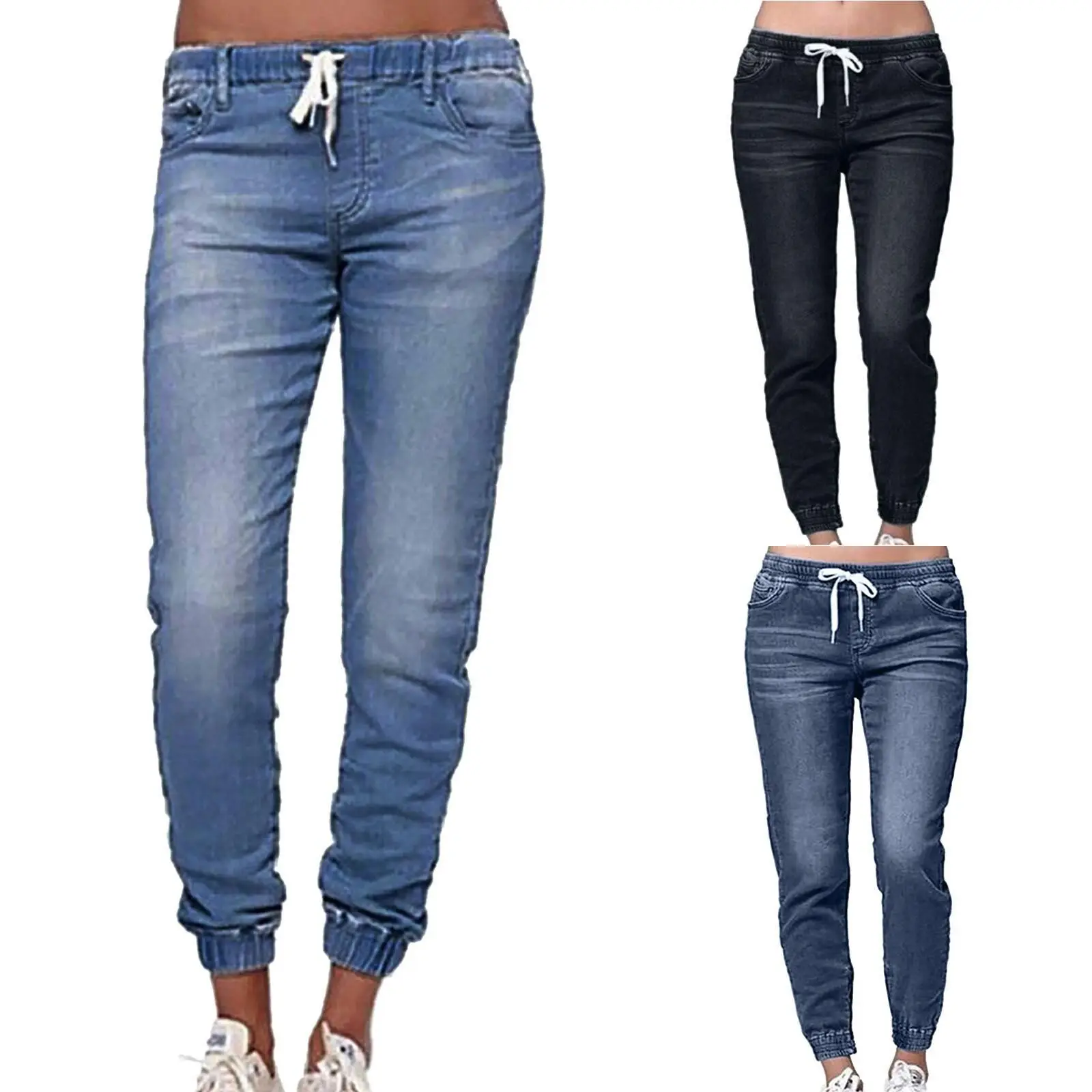 Women Slim Fit Elastic Waist Denim Pants Blue Black — feature 10