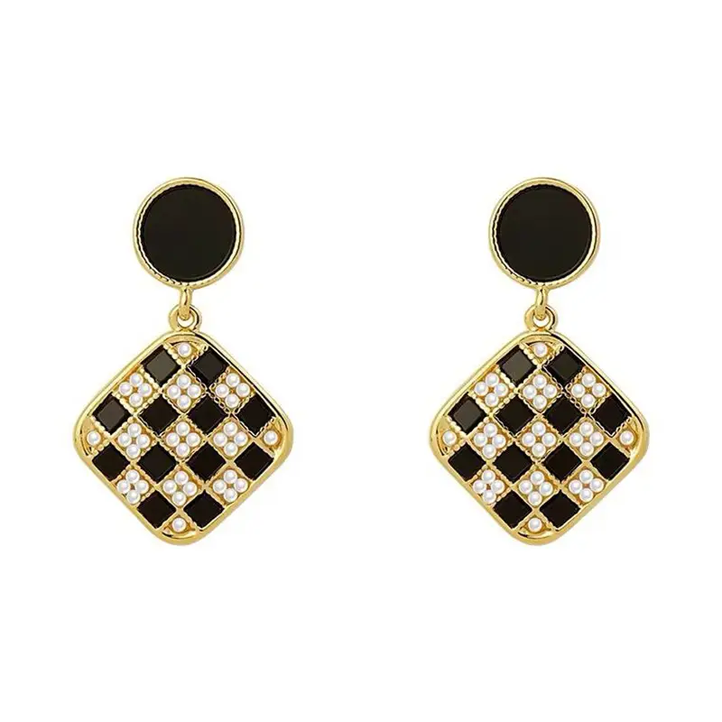 Korean Style Green Checkered Pearl Earrings
