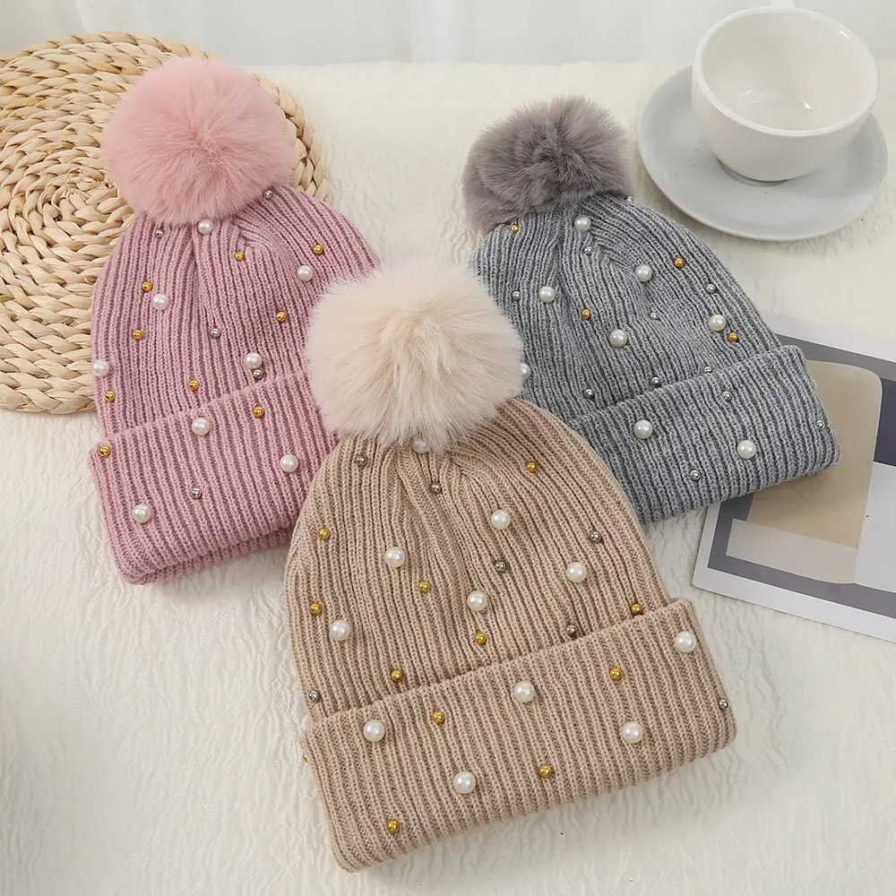 Pink Pearl Knitted Women's Winter Hat with Pom Pom - Image 10