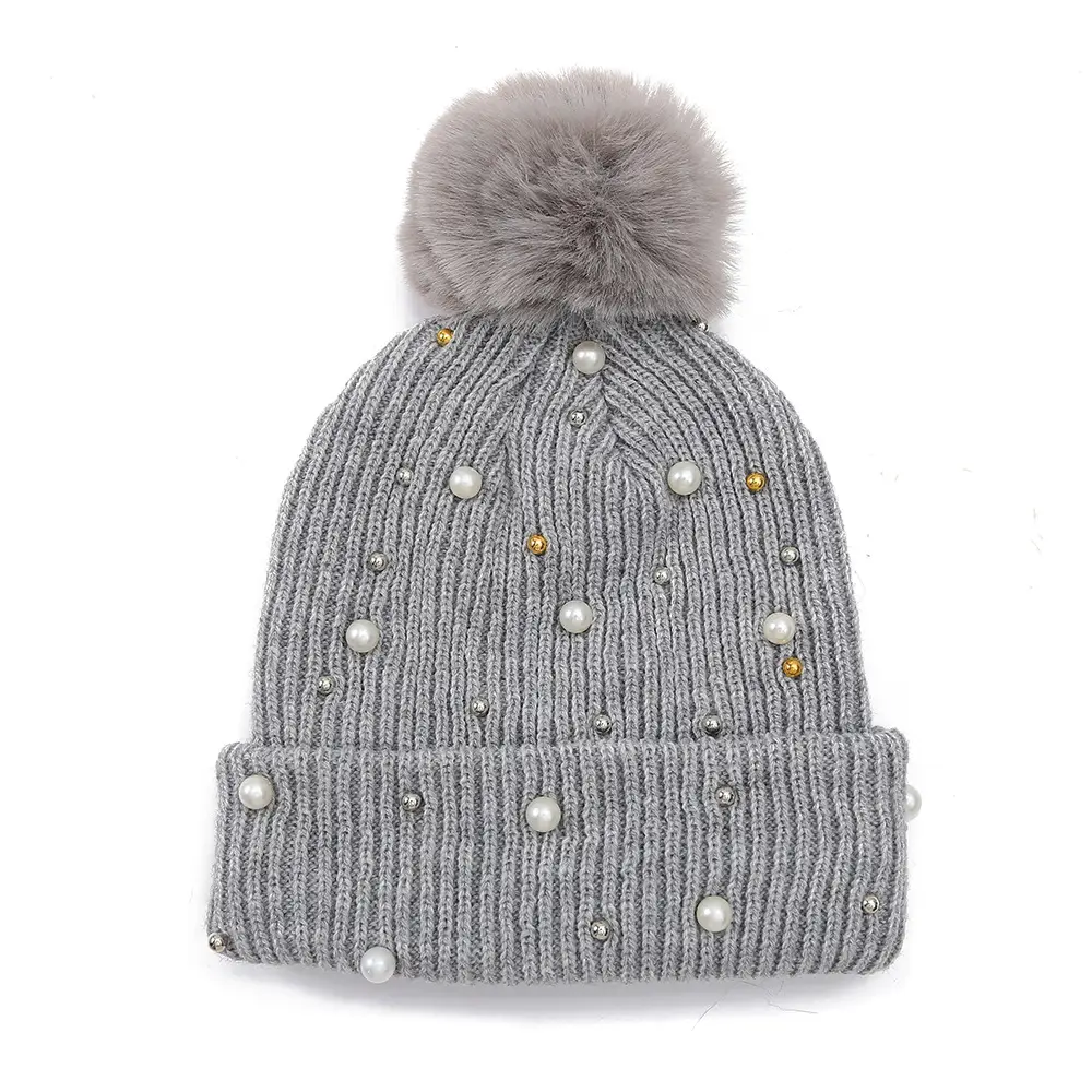 Pink Pearl Knitted Women's Winter Hat with Pom Pom - Image 12