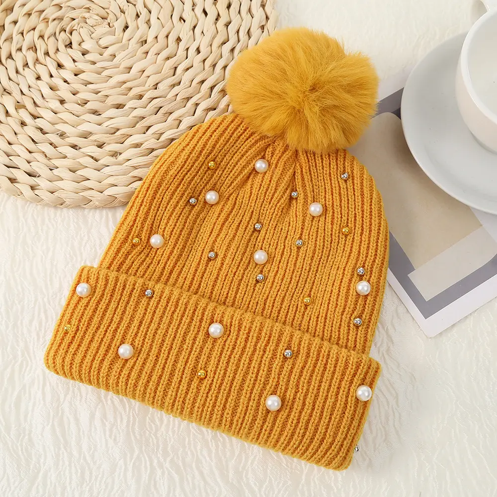 Pink Pearl Knitted Women's Winter Hat with Pom Pom - Image 2