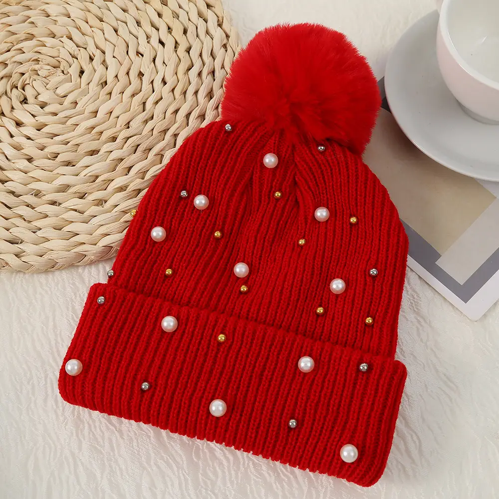 Pink Pearl Knitted Women's Winter Hat with Pom Pom - Image 8