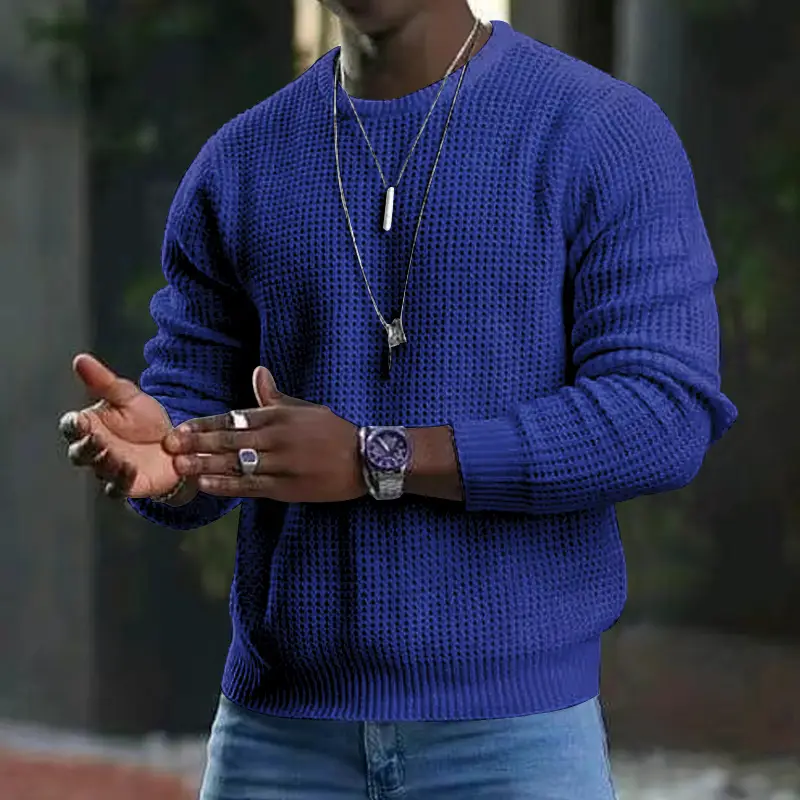 Men Black Waffle Crewneck Turtleneck Sweater with Watch - Image 7