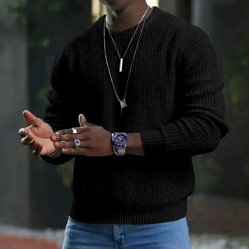 Men Black Waffle Crewneck Turtleneck Sweater with Watch - Image 8