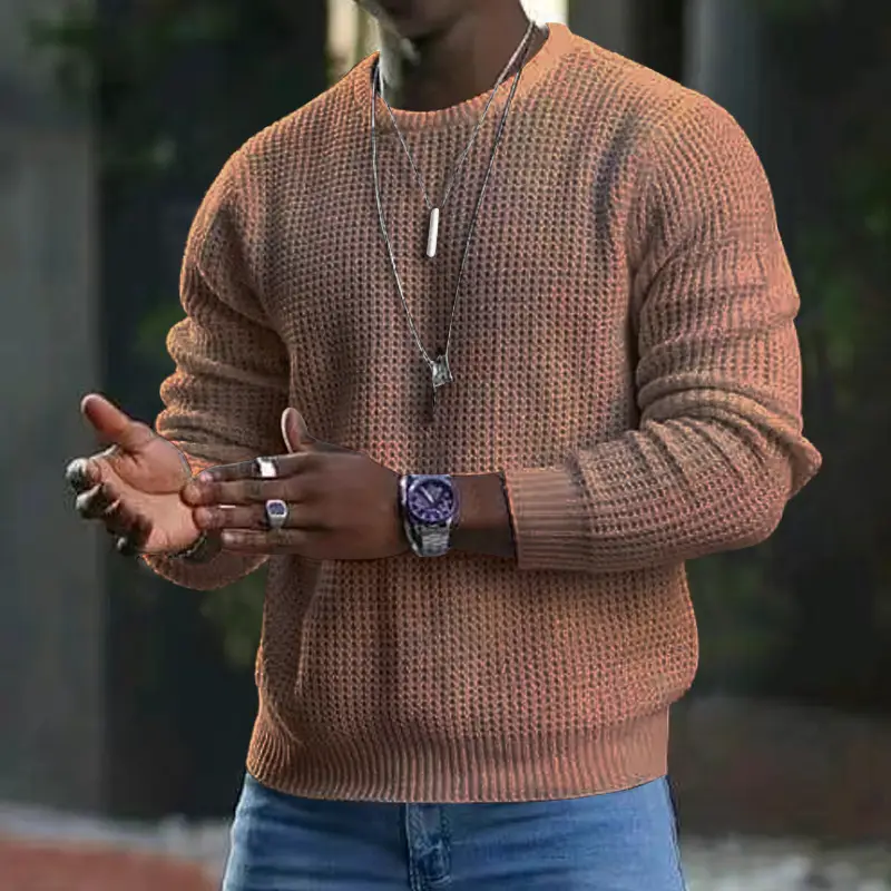 Men Black Waffle Crewneck Turtleneck Sweater with Watch - Image 9