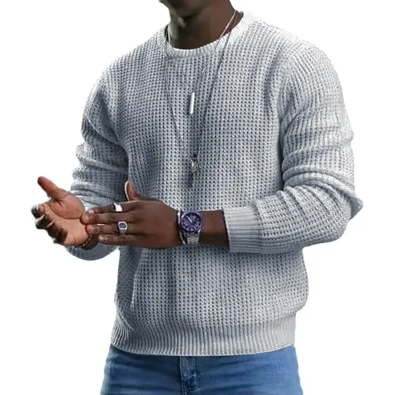 Men Black Waffle Crewneck Turtleneck Sweater with Watch - Image 10
