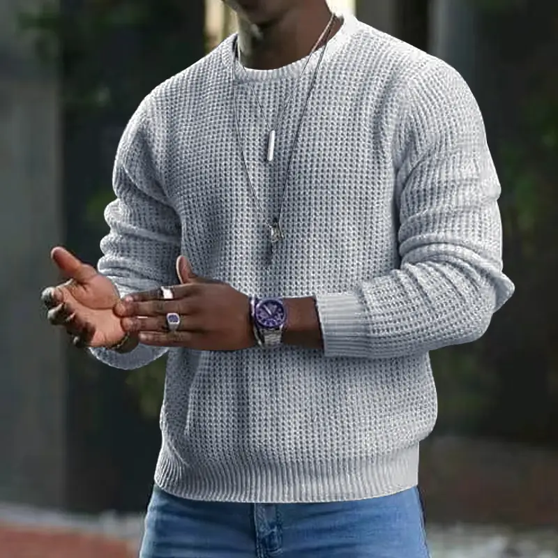 Men Black Waffle Crewneck Turtleneck Sweater with Watch - Image 4