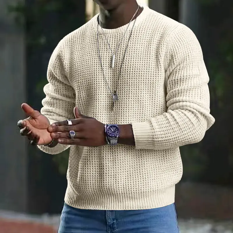 Men Black Waffle Crewneck Turtleneck Sweater with Watch - Image 5
