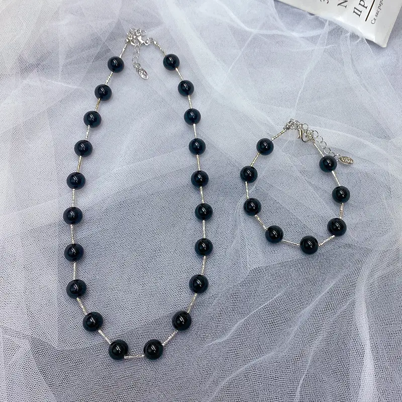 Reflective Black Pearl Necklace for Women Hip Hop Style