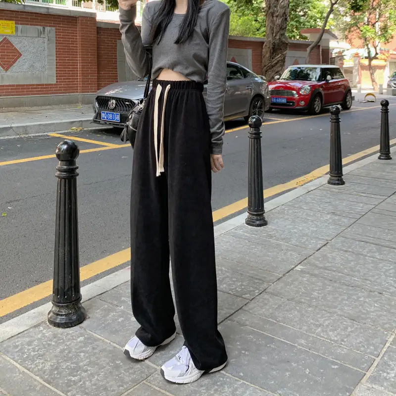 Chenille Wide Leg Pants for Women Cream Black - Image 6