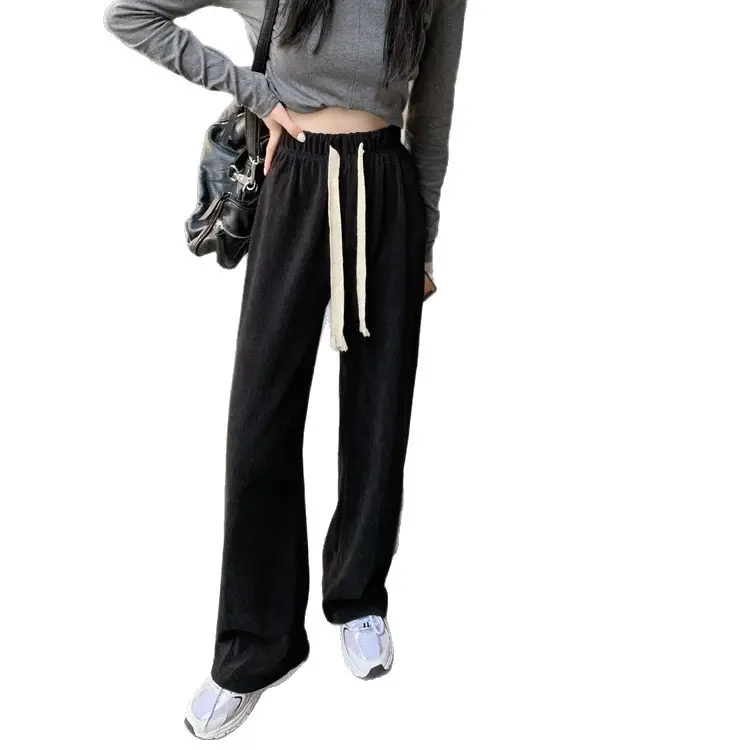 Chenille Wide Leg Pants for Women Cream Black - Image 9