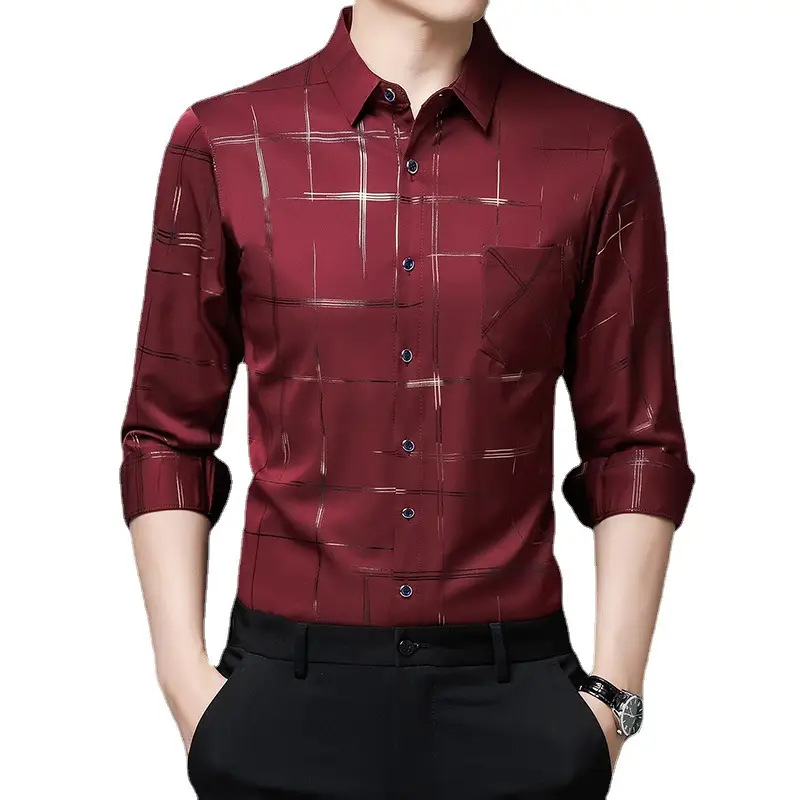 Men's Long Sleeve Button Down Shirt Maroon Geometric Print - Image 10