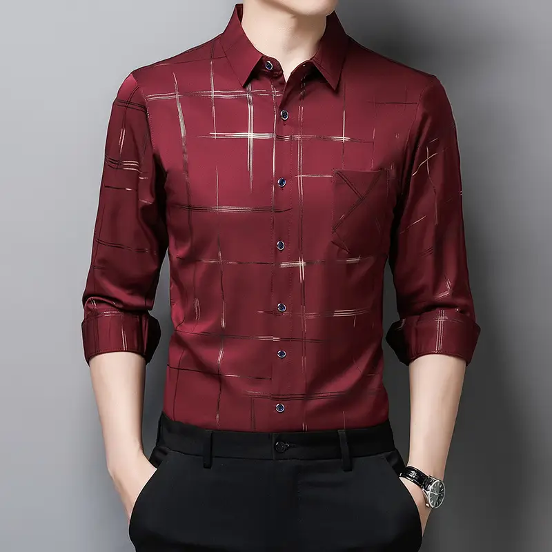 Men's Long Sleeve Button Down Shirt Maroon Geometric Print - Image 2