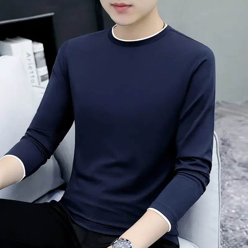 Men's Grey V-Neck Long Sleeve T-Shirt with Embroidered Logo