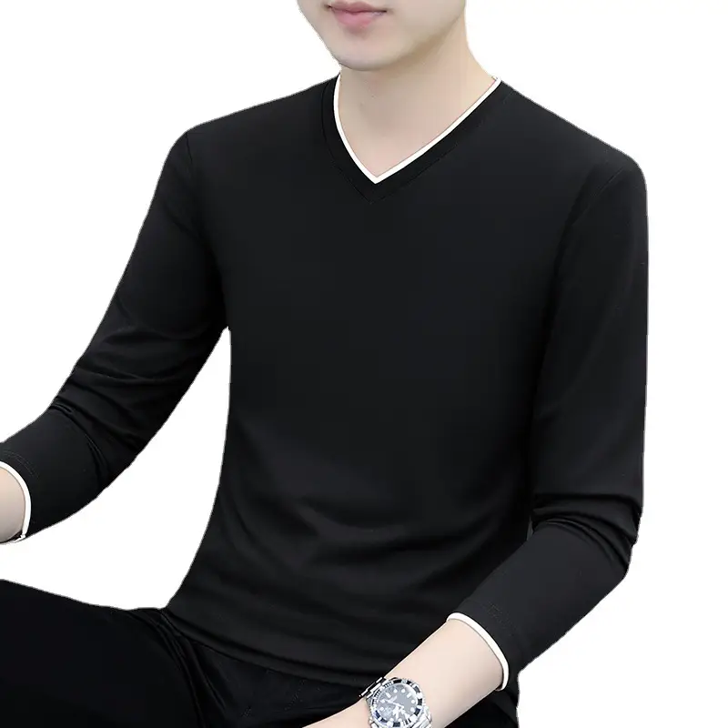 Men's Grey V-Neck Long Sleeve T-Shirt with Embroidered Logo