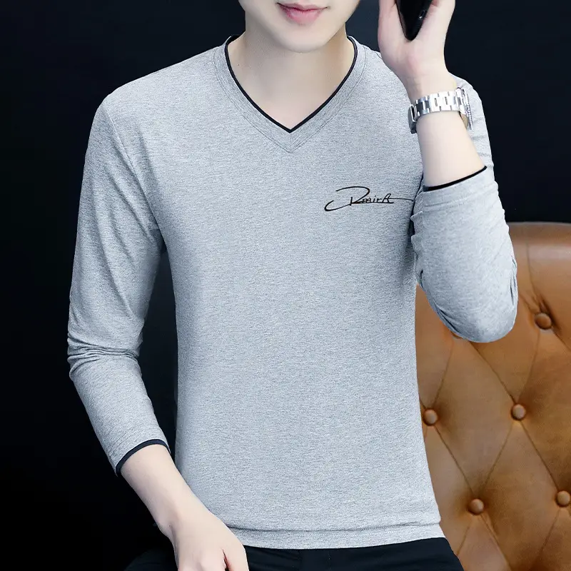 Men's Grey V-Neck Long Sleeve T-Shirt with Embroidered Logo