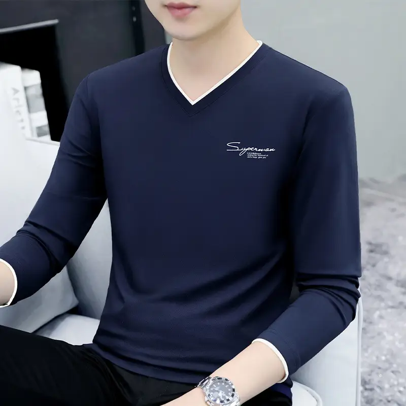 Men's Grey V-Neck Long Sleeve T-Shirt with Embroidered Logo