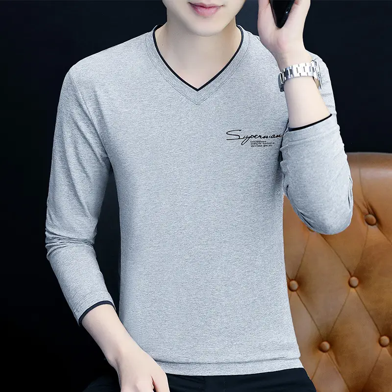 Men's Grey V-Neck Long Sleeve T-Shirt with Embroidered Logo