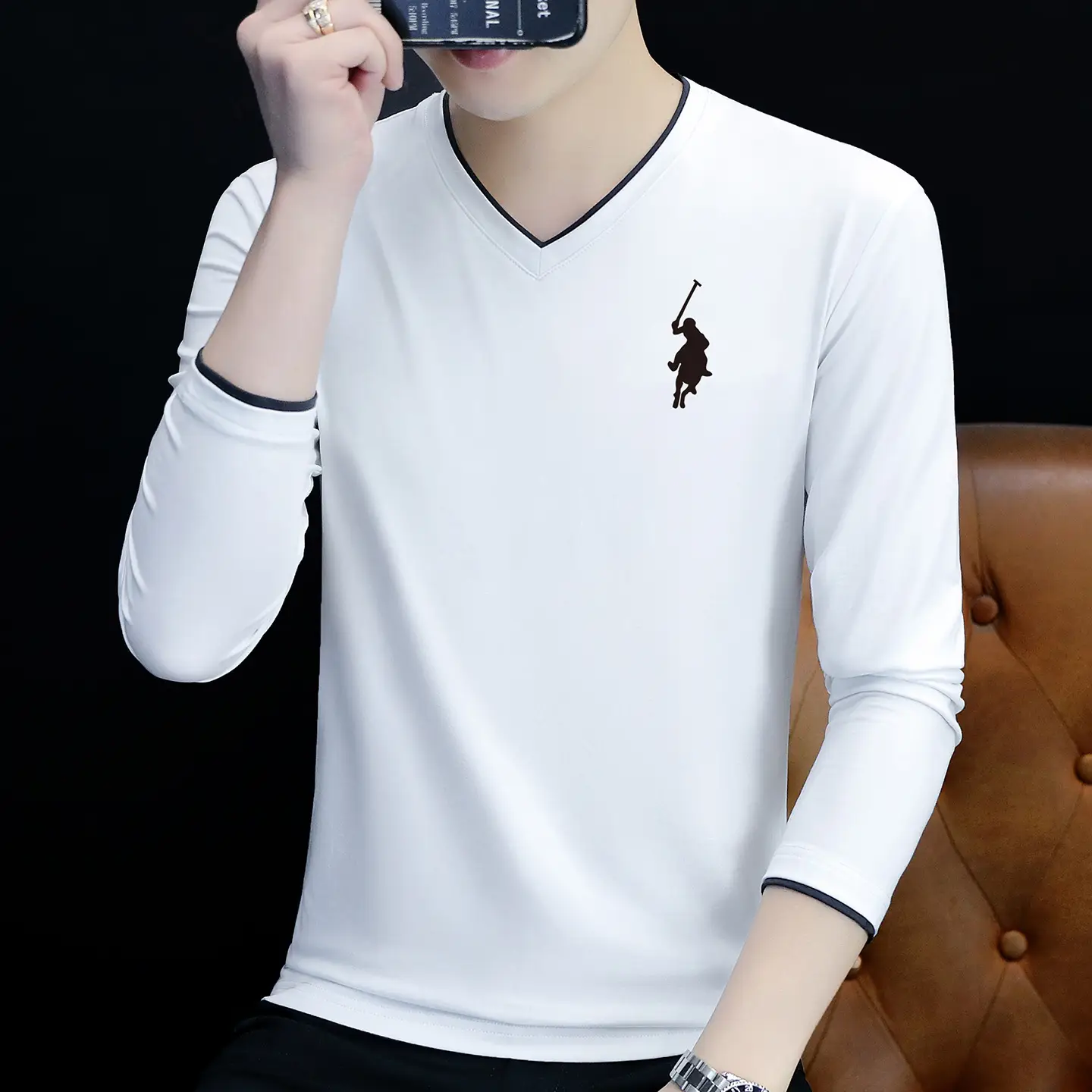 Men's Grey V-Neck Long Sleeve T-Shirt with Embroidered Logo