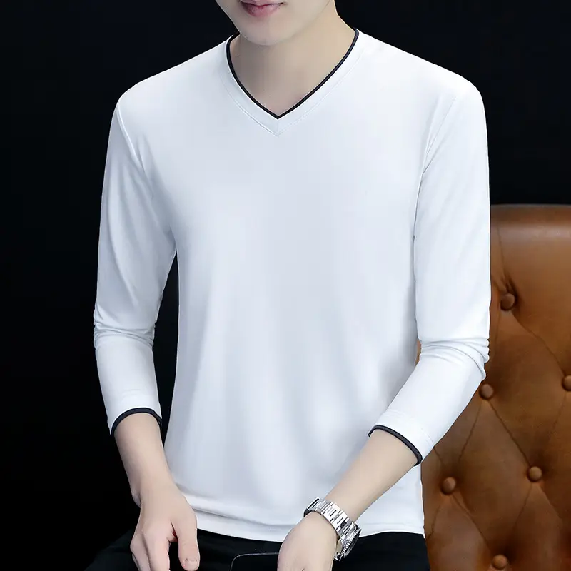 Men's Grey V-Neck Long Sleeve T-Shirt with Embroidered Logo