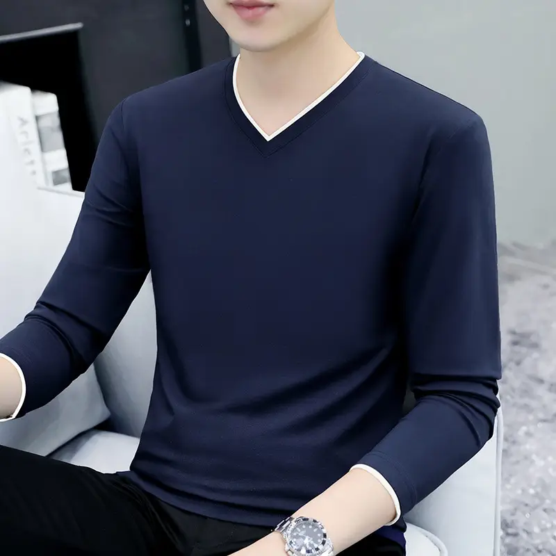 Men's Grey V-Neck Long Sleeve T-Shirt with Embroidered Logo