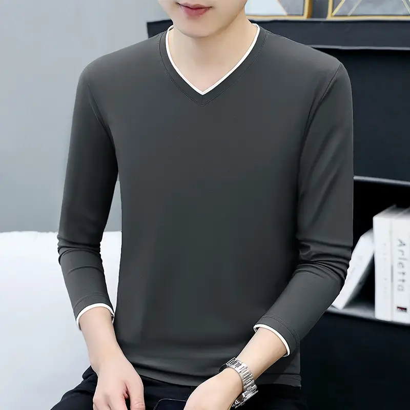 Men's Grey V-Neck Long Sleeve T-Shirt with Embroidered Logo