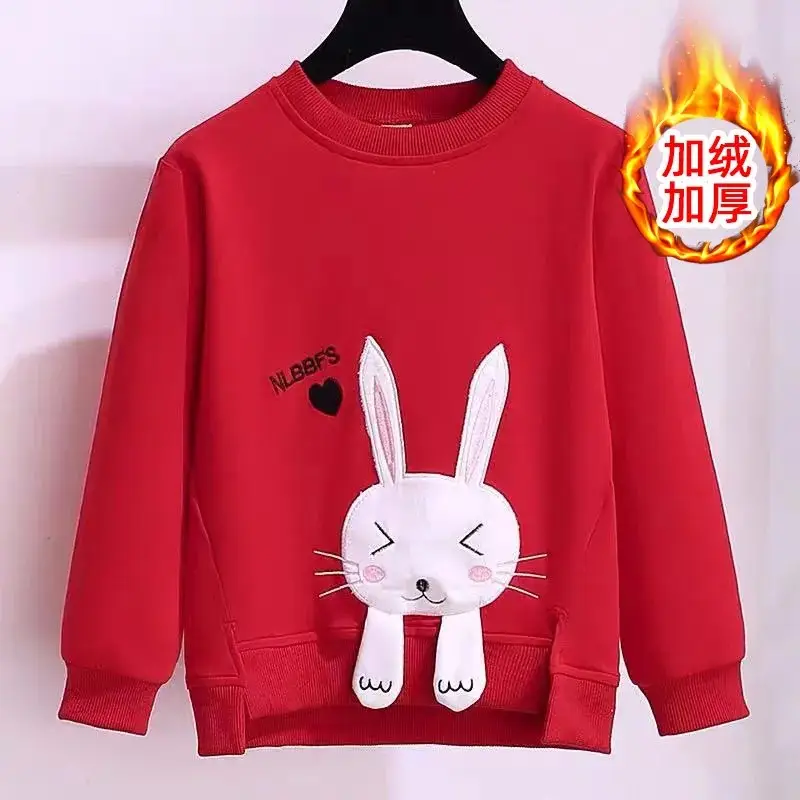 Girls Red Bunny Sweatshirt Winter Fleece Long Sleeve