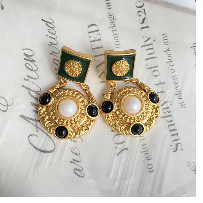 Ink Edge Vintage Western Earrings Gold Green Black