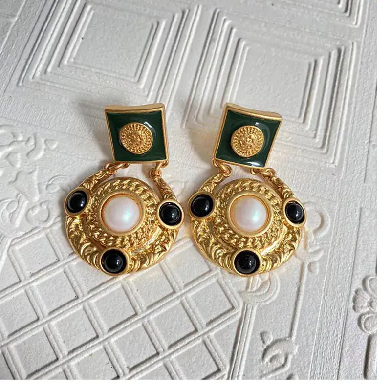 Ink Edge Vintage Western Earrings Gold Green Black