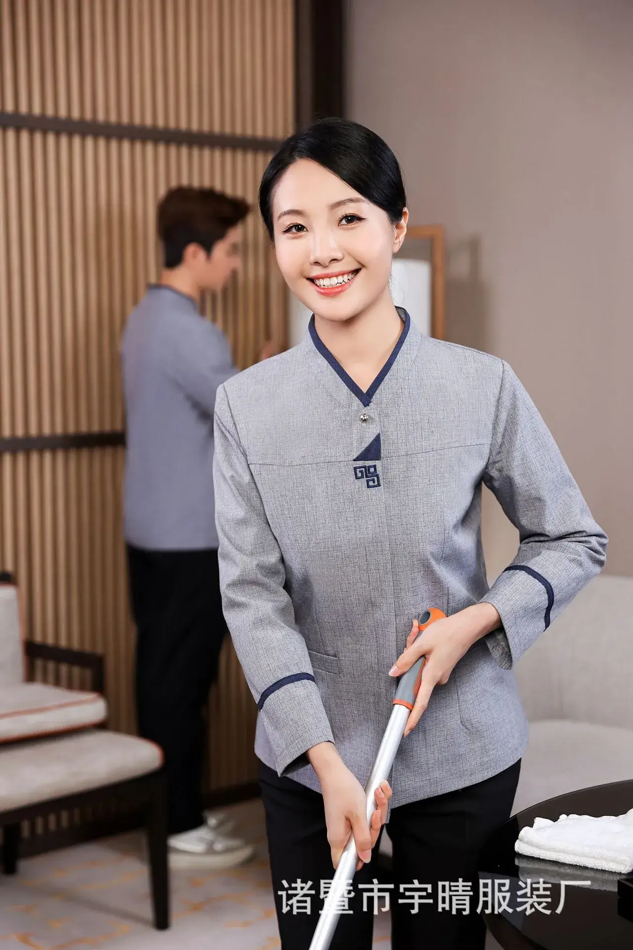 Men's Blue Cotton Long Sleeve Hotel Cleaner Work Clothes - Image 4