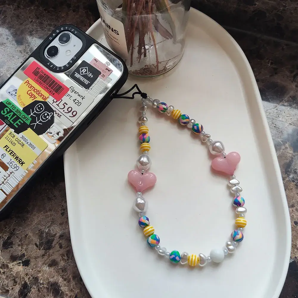 Heart-Shaped Beaded Chain for Girls Portable iPhone Style