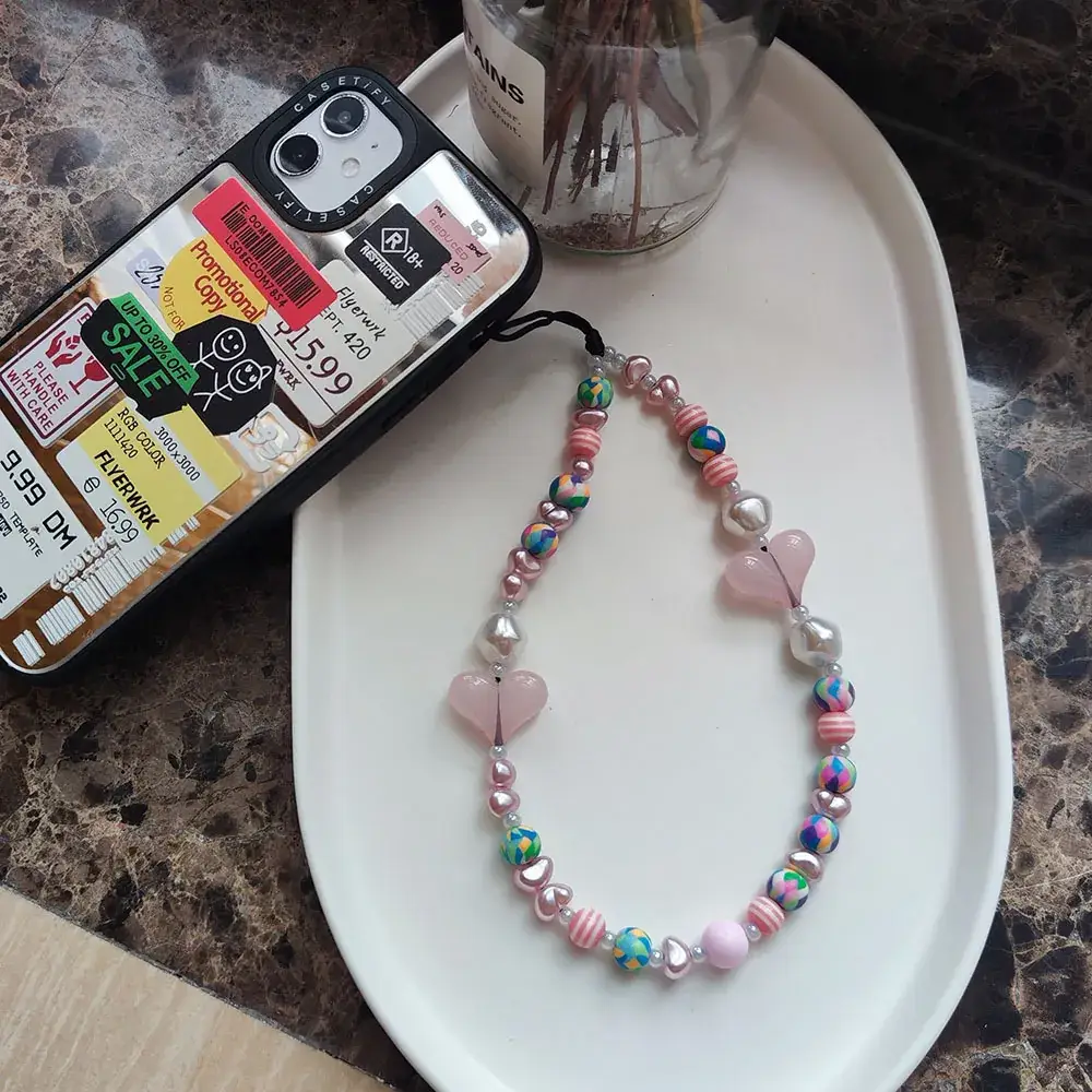 Heart-Shaped Beaded Chain for Girls Portable iPhone Style