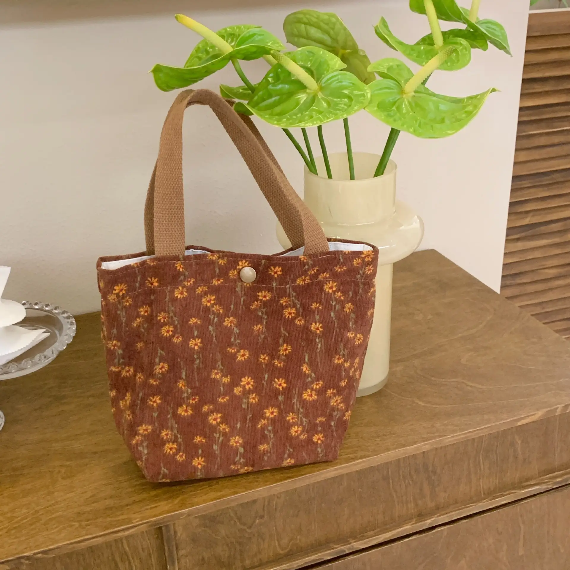 Korean Style Floral Corduroy Tote Bag Brown