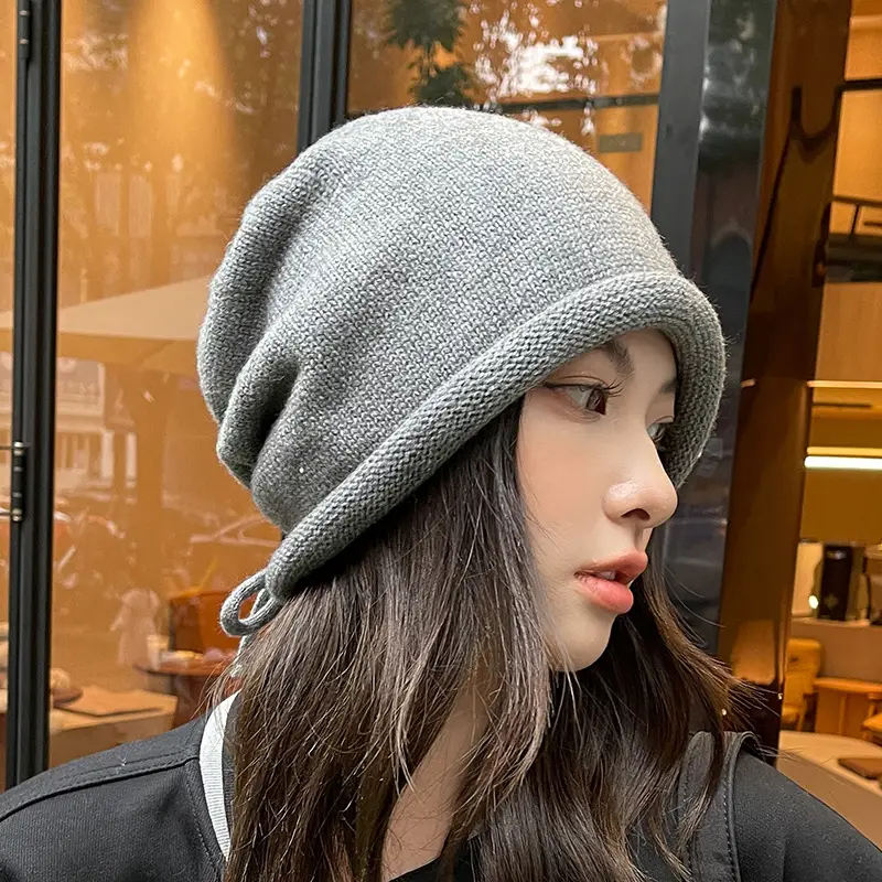 Women Drawstring Knitted Beanie Hat - Image 2