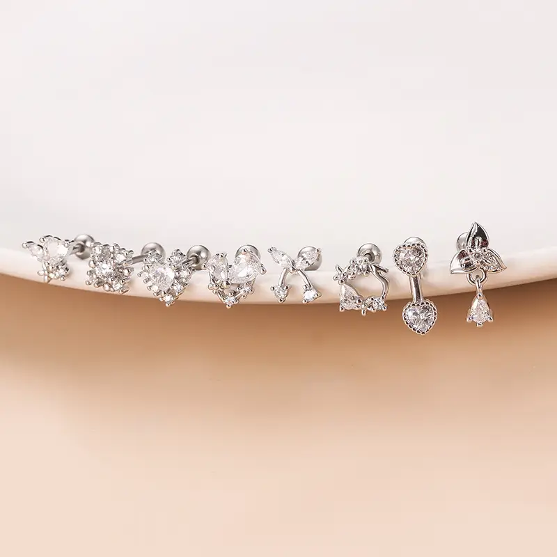 Stainless Steel Zircon Heart Bow Earrings