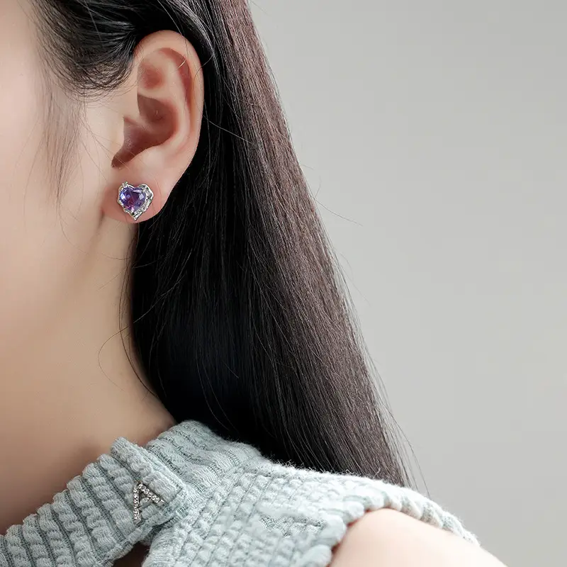 Crystal Blue Love Heart Earrings Sweet Zircon French High-End - Image 4